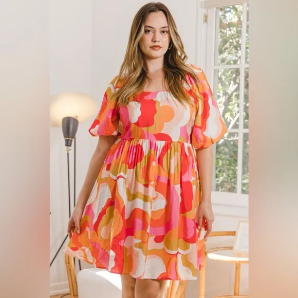 ODDI Printed Tied Back Short Sleeve Mini Dress