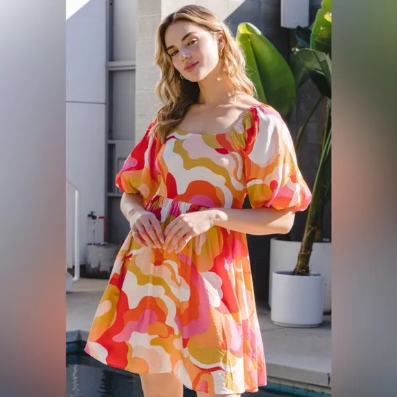 ODDI Printed Tied Back Short Sleeve Mini Dress