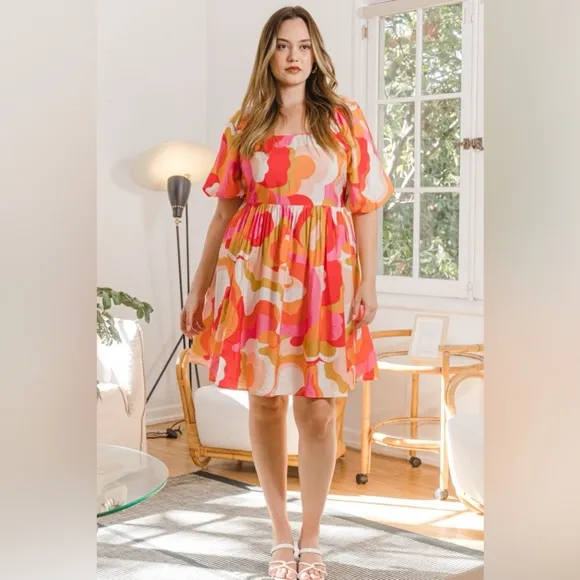 ODDI Printed Tied Back Short Sleeve Mini Dress