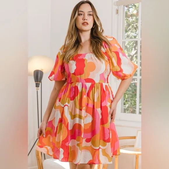 ODDI Printed Tied Back Short Sleeve Mini Dress