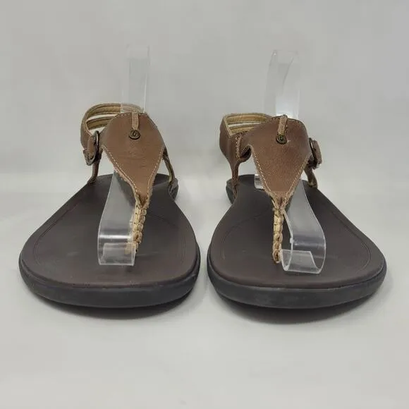 OluKai Eheu Sandals 9 Brown Leather Thong Slingback Buckle Strappy Comfort