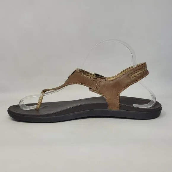 OluKai Eheu Sandals 9 Brown Leather Thong Slingback Buckle Strappy Comfort