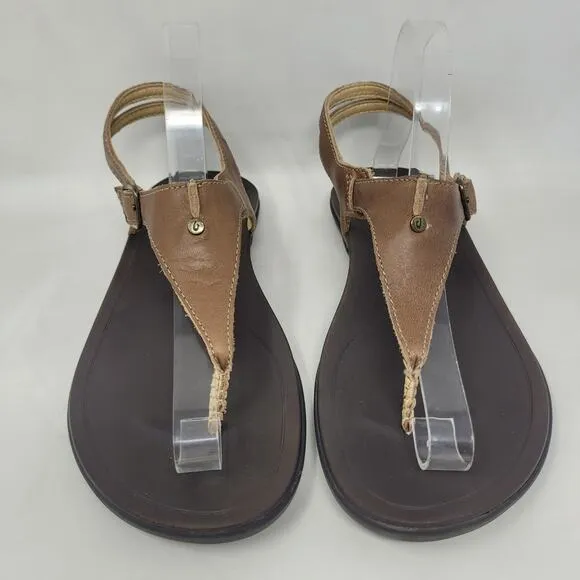 OluKai Eheu Sandals 9 Brown Leather Thong Slingback Buckle Strappy Comfort