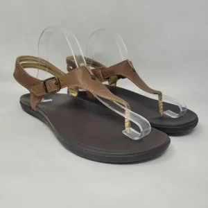 OluKai Eheu Sandals 9 Brown Leather Thong Slingback Buckle Strappy Comfort
