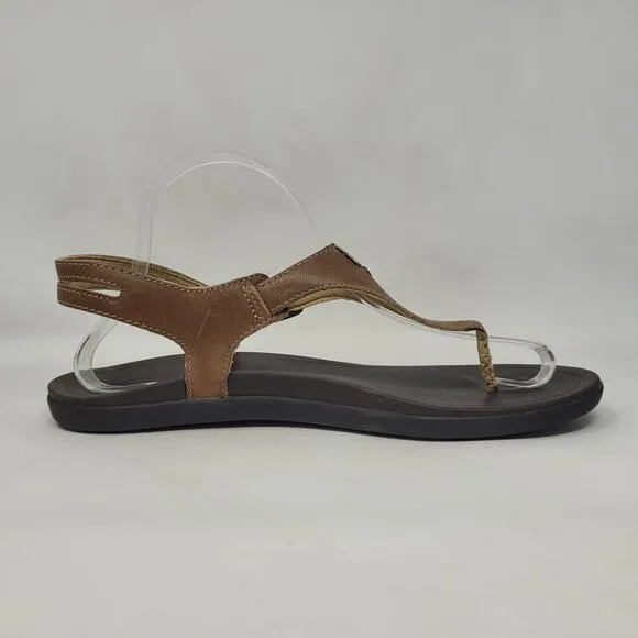 OluKai Eheu Sandals 9 Brown Leather Thong Slingback Buckle Strappy Comfort