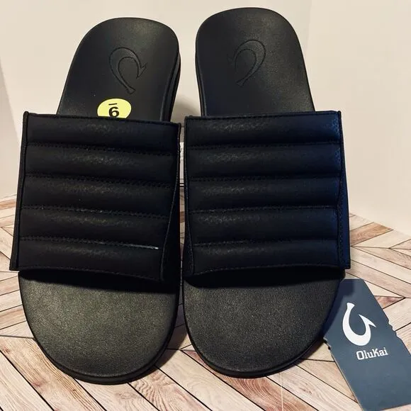 Olukai Maha 'Olu Men's 9 Recovery Slide Black Sandals Beach Pool 10517-4040