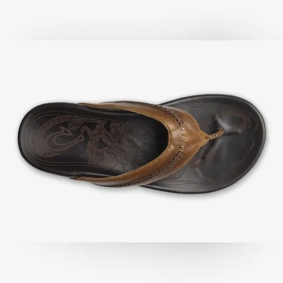 OluKai Mea Ola Men’s Leather Beach Sandals Color: Tan / Dark Java Size: 12