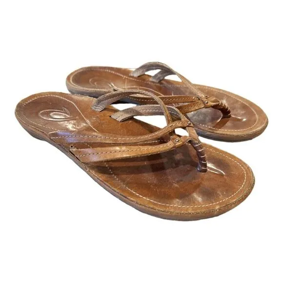 OluKai Tan Leather Kapehe Luana Flip Flop Sandal Double Strap Women 5 Boho Beach