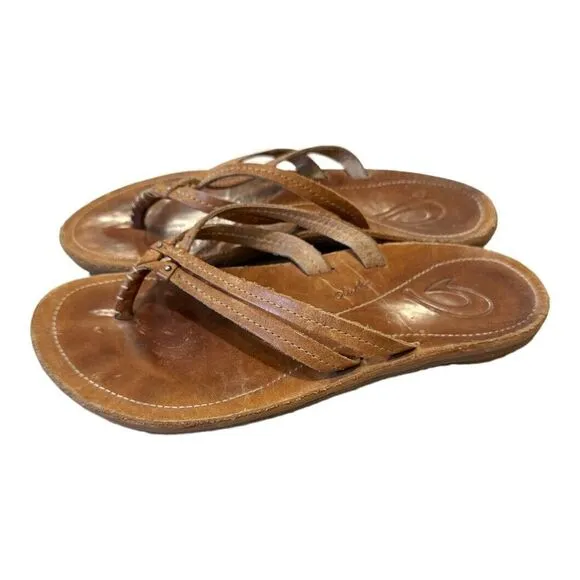 OluKai Tan Leather Kapehe Luana Flip Flop Sandal Double Strap Women 5 Boho Beach
