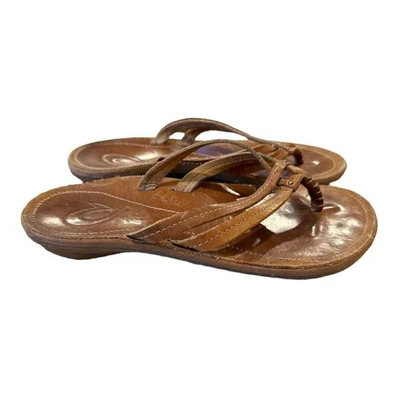OluKai Tan Leather Kapehe Luana Flip Flop Sandal Double Strap Women 5 Boho Beach