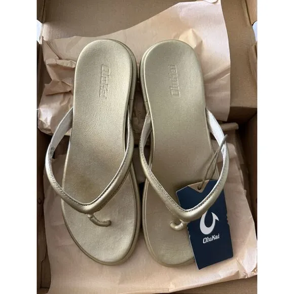 Olukai Tiare Bubbly Gold Luxury Leather Comfort Slip On Slide Sandals Size 8