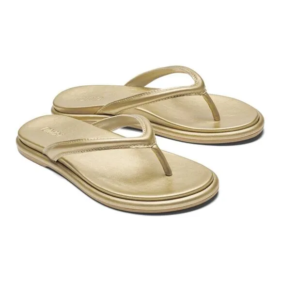 Olukai Tiare Bubbly Gold Luxury Leather Comfort Slip On Slide Sandals Size 8