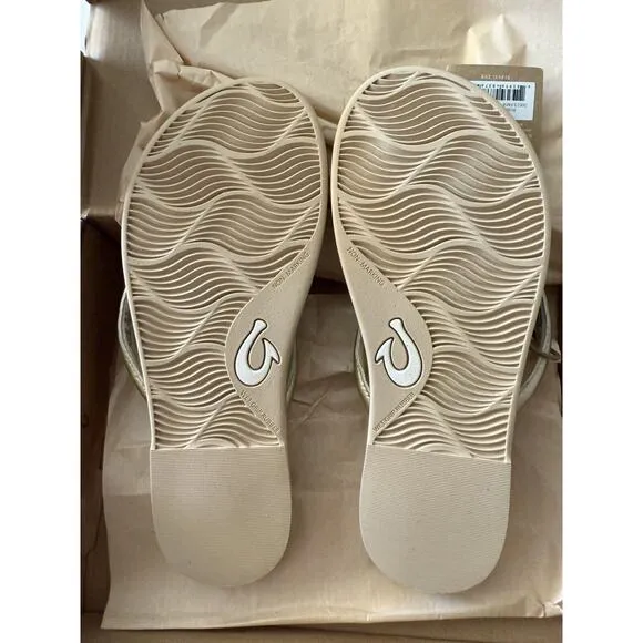 Olukai Tiare Bubbly Gold Luxury Leather Comfort Slip On Slide Sandals Size 8