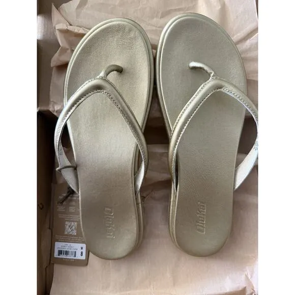 Olukai Tiare Bubbly Gold Luxury Leather Comfort Slip On Slide Sandals Size 8