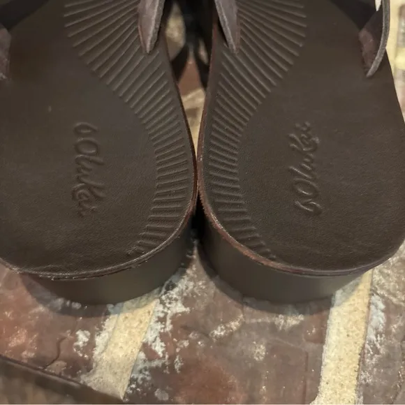 Olukai Women’s Ao Loa Dark Java Leather Platform Wedge Sandals Flip Flops Sz 10