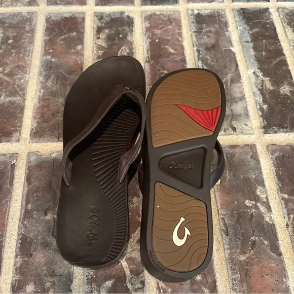 Olukai Women’s Ao Loa Dark Java Leather Platform Wedge Sandals Flip Flops Sz 10
