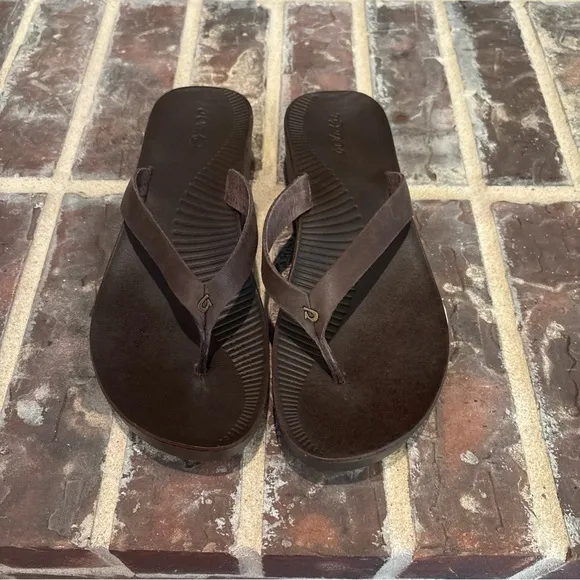 Olukai Women’s Ao Loa Dark Java Leather Platform Wedge Sandals Flip Flops Sz 10