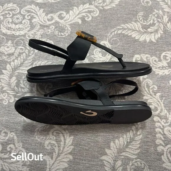 OluKai Women's La'i T-Bar Slingback Sandals Black Size 8 Standard Casual