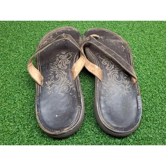 OluKai Womens Paniolo Leather Sandals Natural Saddle Stitching Size 11 EUR 41