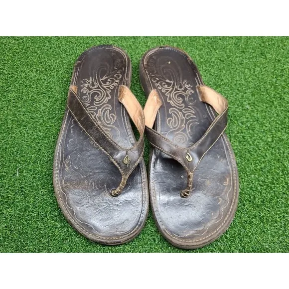 OluKai Womens Paniolo Leather Sandals Natural Saddle Stitching Size 11 EUR 41