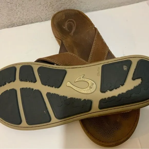 Olukai Nui Flip Flop Sandals Mens 12 Shoes Brown Leather Beach Surfing