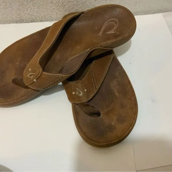 Olukai Nui Flip Flop Sandals Mens 12 Shoes Brown Leather Beach Surfing