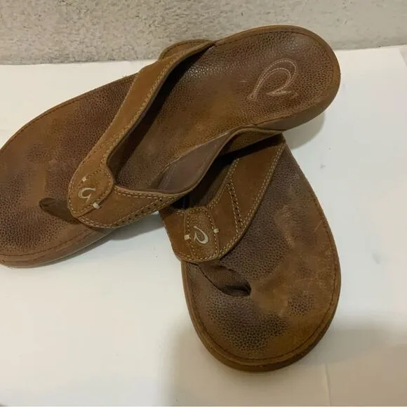 Olukai Nui Flip Flop Sandals Mens 12 Shoes Brown Leather Beach Surfing