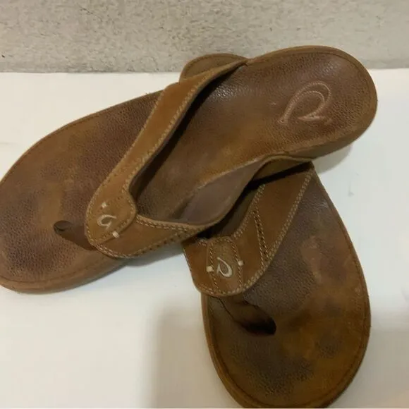 Olukai Nui Flip Flop Sandals Mens 12 Shoes Brown Leather Beach Surfing