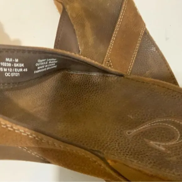 Olukai Nui Flip Flop Sandals Mens 12 Shoes Brown Leather Beach Surfing