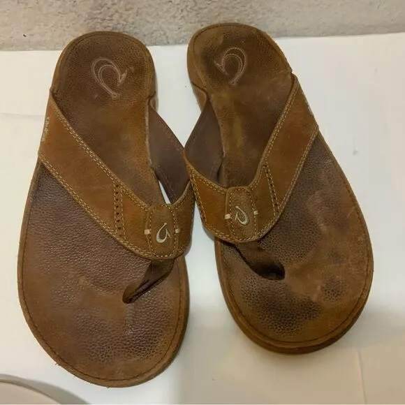 Olukai Nui Flip Flop Sandals Mens 12 Shoes Brown Leather Beach Surfing