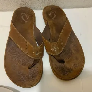 Olukai Nui Flip Flop Sandals Mens 12 Shoes Brown Leather Beach Surfing