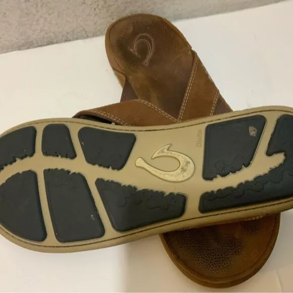 Olukai Nui Flip Flop Sandals Mens 12 Shoes Brown Leather Beach Surfing
