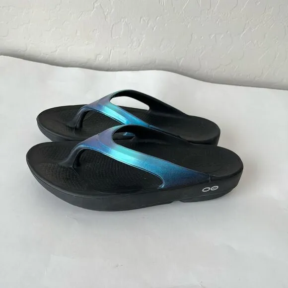 OOfos OOlala Luxe Comfort Cushion Sandals Black and Blue Size 5