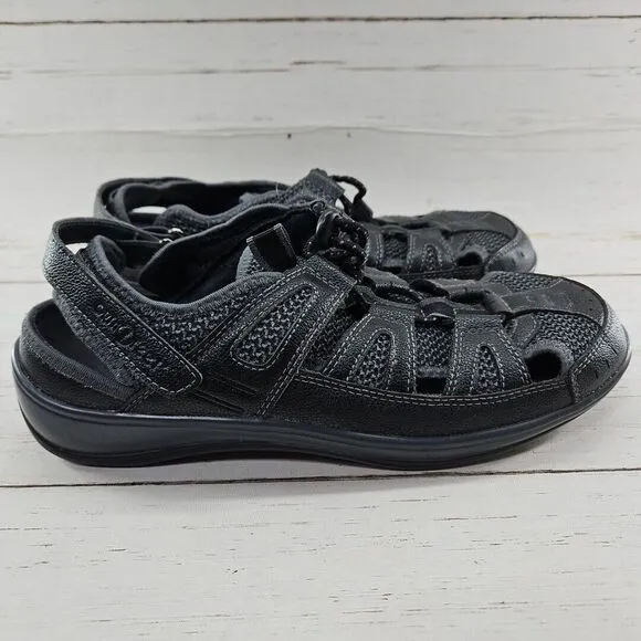 Orthofeet Verona Sandals Women 11D Wide Black Gray Leather Comfort Fisherman 991