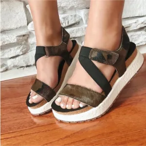 OTBT Sierra Calf-Hair Sandals Leather Wedge Platform Adjustable Camo Travel 9.5