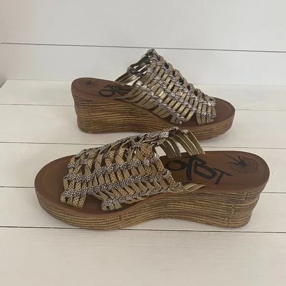 OTBT Starlike Mixed Metallic Woven Leather Platform Wedge Sandals, Women Size 9