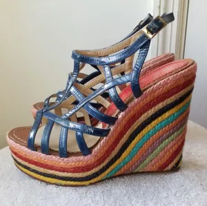 Paloma Barcelo blue patent leather Rainbow rope Platform Wedge Sandals 7