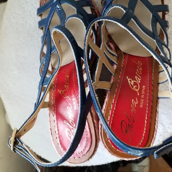 Paloma Barcelo blue patent leather Rainbow rope Platform Wedge Sandals 7