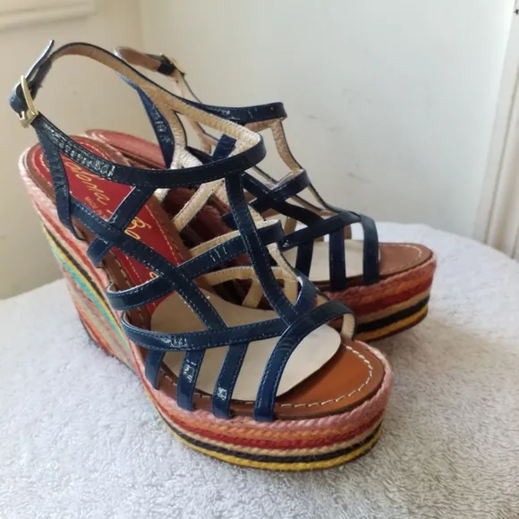 Paloma Barcelo blue patent leather Rainbow rope Platform Wedge Sandals 7