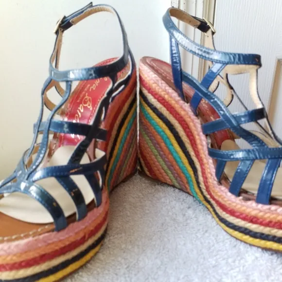 Paloma Barcelo blue patent leather Rainbow rope Platform Wedge Sandals 7