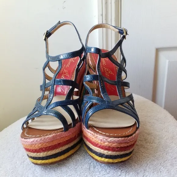 Paloma Barcelo blue patent leather Rainbow rope Platform Wedge Sandals 7