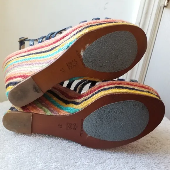 Paloma Barcelo blue patent leather Rainbow rope Platform Wedge Sandals 7