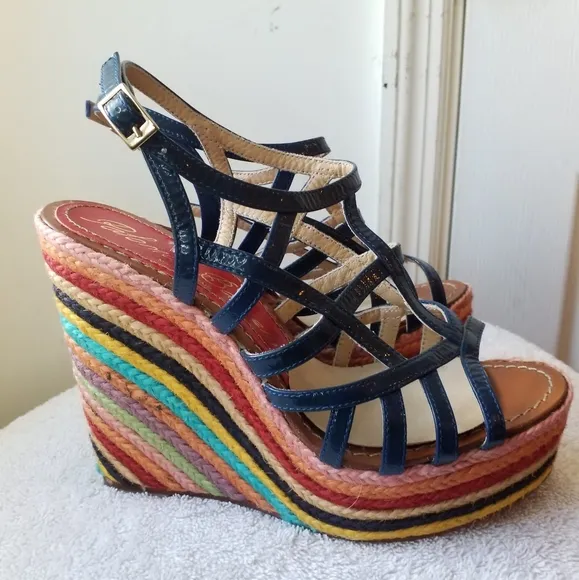 Paloma Barcelo blue patent leather Rainbow rope Platform Wedge Sandals 7