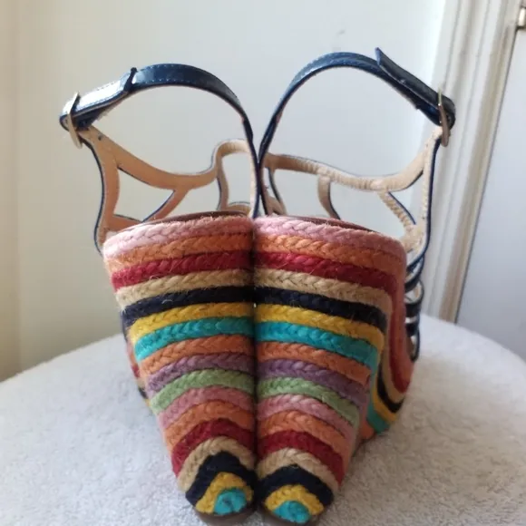 Paloma Barcelo blue patent leather Rainbow rope Platform Wedge Sandals 7