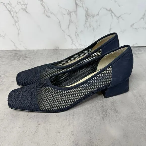 Paloma Fish Net Pumps WMNS US 8 Blue Square Toe Woven/Leather Dress Heels Italy