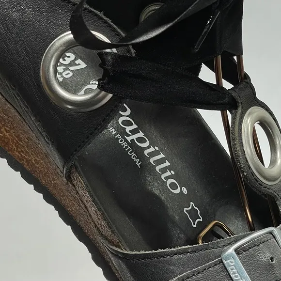 Papillio Birkenstock EMMY Sandals Womens 37/6.5 Black Leather Wedge Comfort NEW