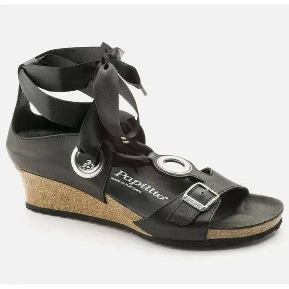 Papillio Birkenstock EMMY Sandals Womens 37/6.5 Black Leather Wedge Comfort NEW