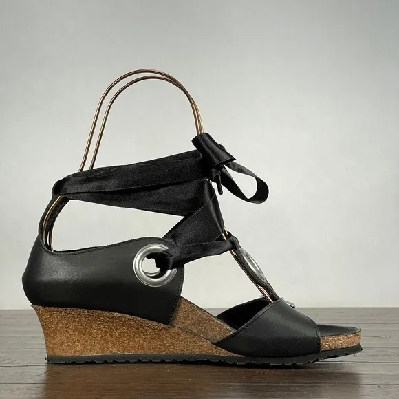 Papillio Birkenstock EMMY Sandals Womens 37/6.5 Black Leather Wedge Comfort NEW