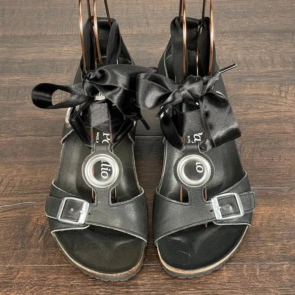 Papillio Birkenstock EMMY Sandals Womens 37/6.5 Black Leather Wedge Comfort NEW