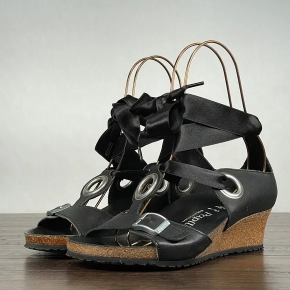 Papillio Birkenstock EMMY Sandals Womens 37/6.5 Black Leather Wedge Comfort NEW